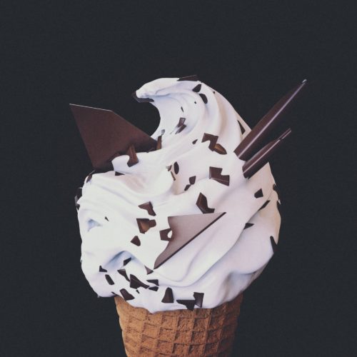 photorealistic 3d illustration of stracciatella flavored ice cream cone. food design and food digital still life