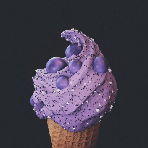Photorealistic 3d illustration of blueberry ice cream cone. food design and food digital still life