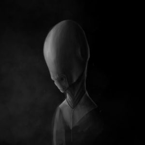 Digital painting, concept art illustration. Alien character with big head