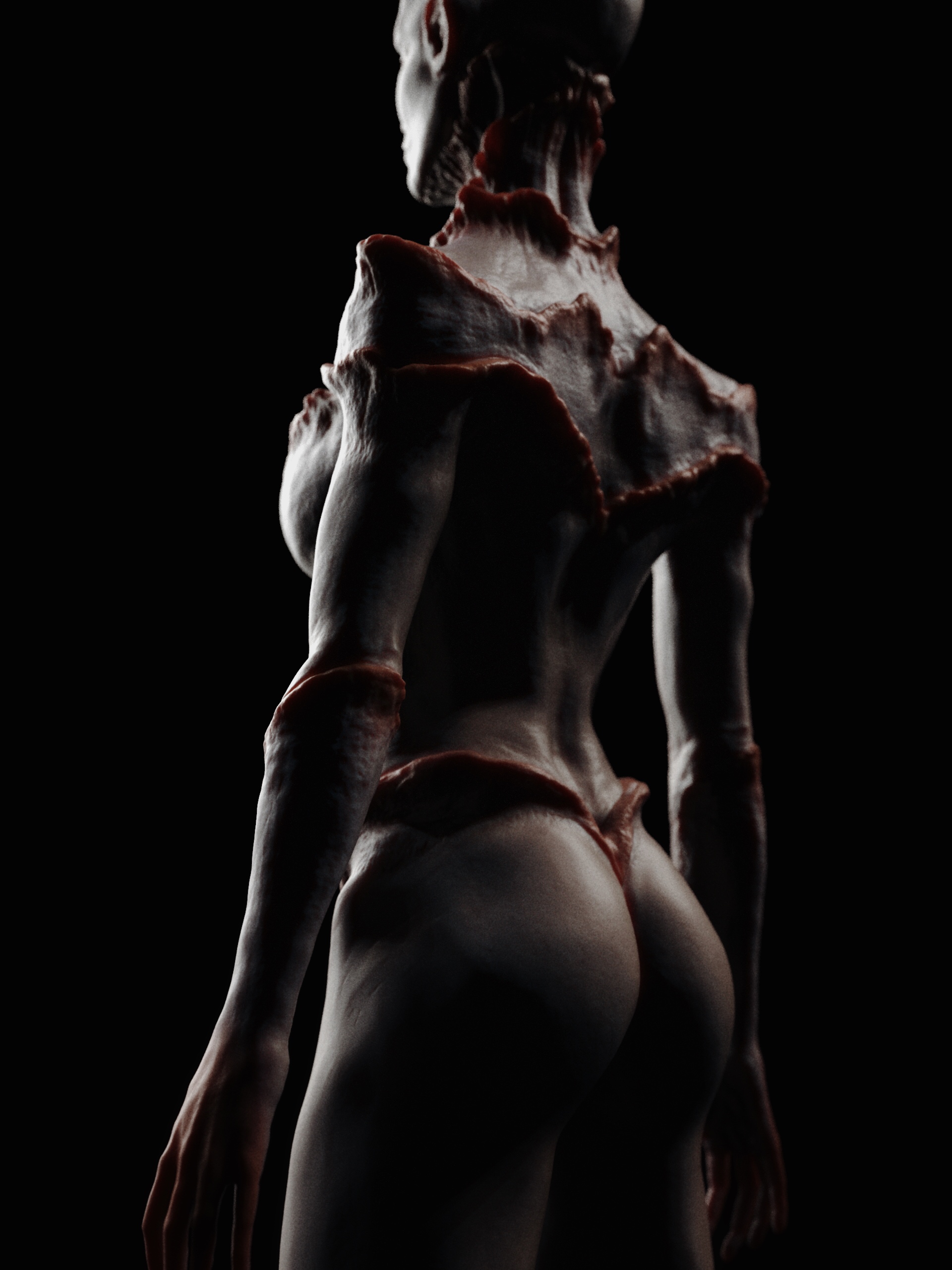 Concept design of humanoid creature, female anatomy exercise and skin texturing.